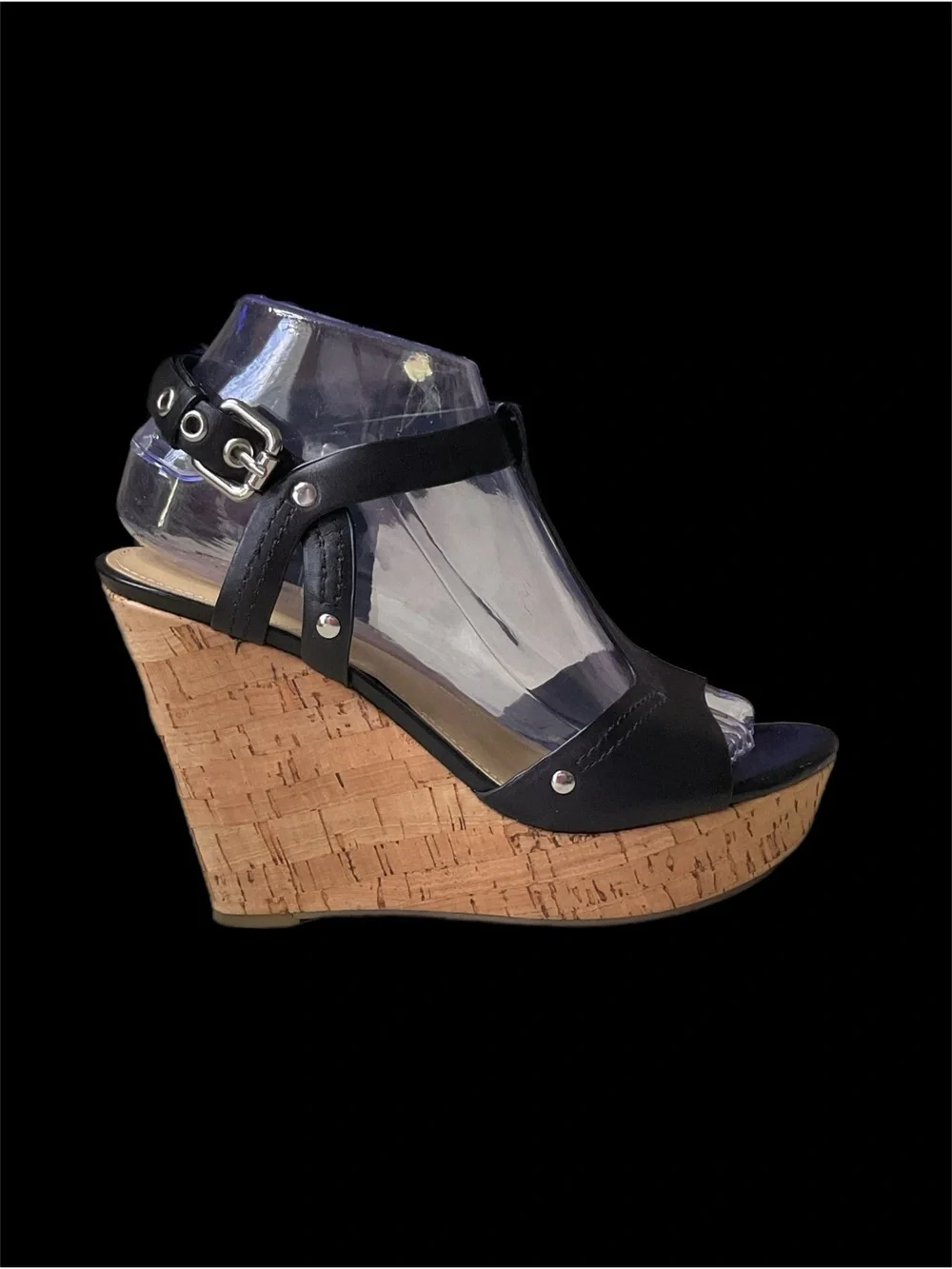 Marc Fisher Black Leather 5” Cork Platform Wedge Sandals Buckle Ankle Strap Boho